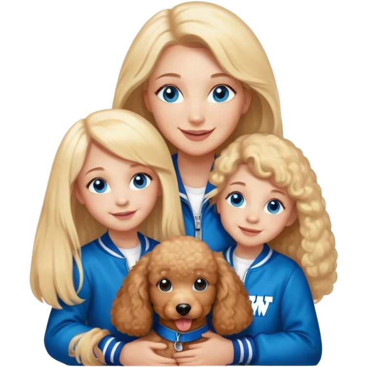 smiling mother in letterman jacket with W and Blue eyes, two Little girls Long blond straight hair and Blue eyes, one brown poodle puppie emoji