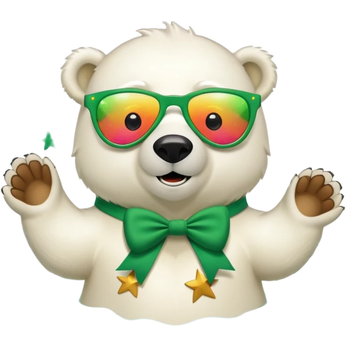 friendly anthropomorphised polar bear wearing oversized colorful star glasses and festive St. Patrick's Day outfit, swimming with joyful expression emoji