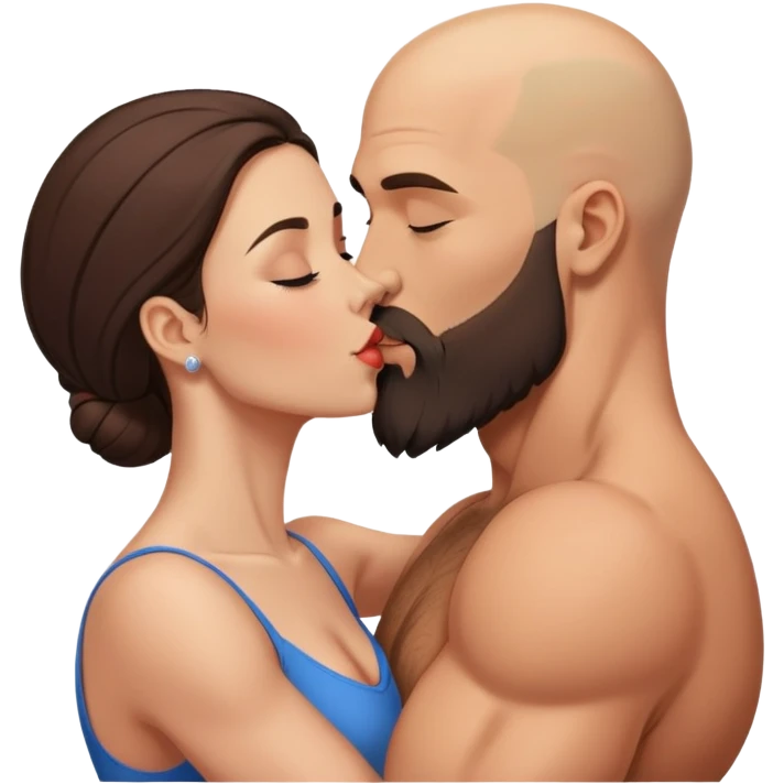 Muscular Bald man with a beard passionately kissing his young brunette wife  emoji