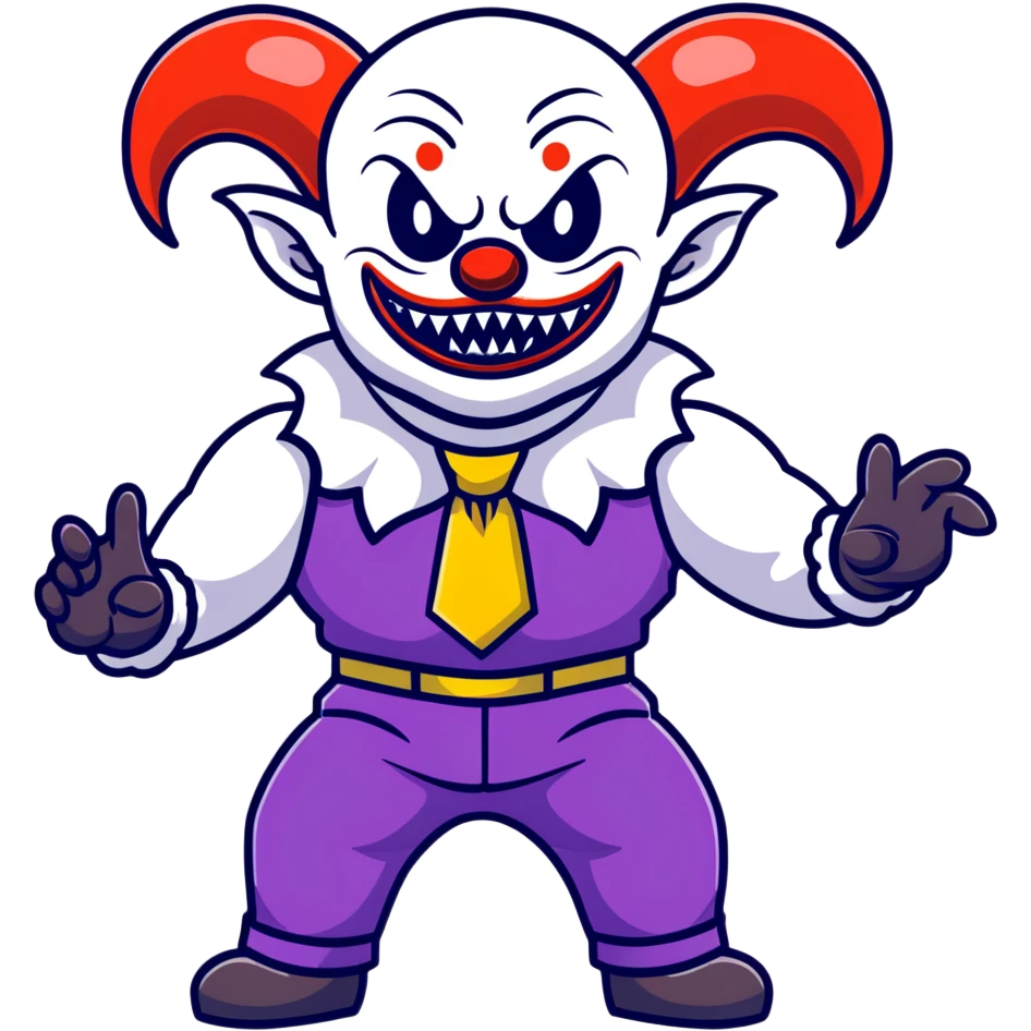 full-body muscular demonic clown in black and white leisure suit with bellbottom pants, bald, black ram horns, flashy black and white belt, ruffled white shirt, no neck tie, large fangs, cartoon sticker style emoji