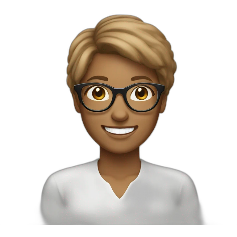 white whoman brown hair with rounded glasses with a big smile emoji