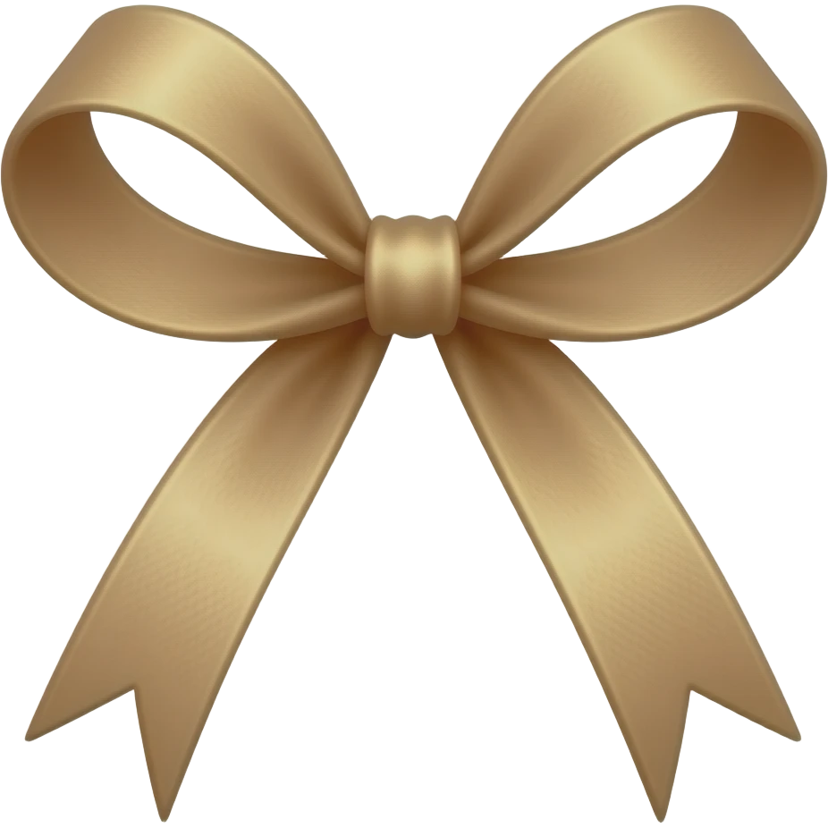 3D icon of a miniature dainty ribbon bow with very long tails, light brown color with a satin-like sheen, thin elegant loops, warm gold undertones, isolated on transparent background, perfect to adorn a gift or candy, photorealistic rendering emoji