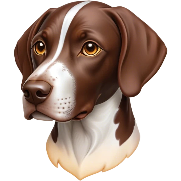 Cinematic German Pointer Portrait Emoji, Elegant and alert, sleek brown and white tones, Simplified yet sharp features, highly detailed, glowing with a warm, confident glow, high shine, intelligent and poised, stylized with an air of grace, focused and attentive, soft glowing outline, capturing the essence of agility and loyalty, so lifelike it feels as though it could spring into motion at any moment! emoji