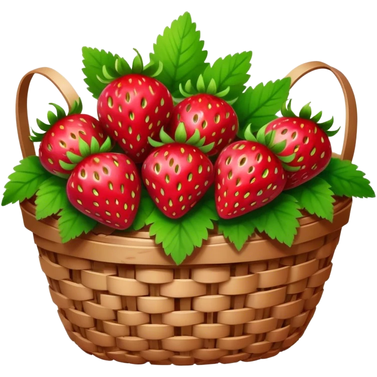 Cinematic ripe strawberrie, deep red, glossy with tiny seeds, green leaves still attached, gathered in a rustic basket, warm glowing background, fresh and sweet. emoji