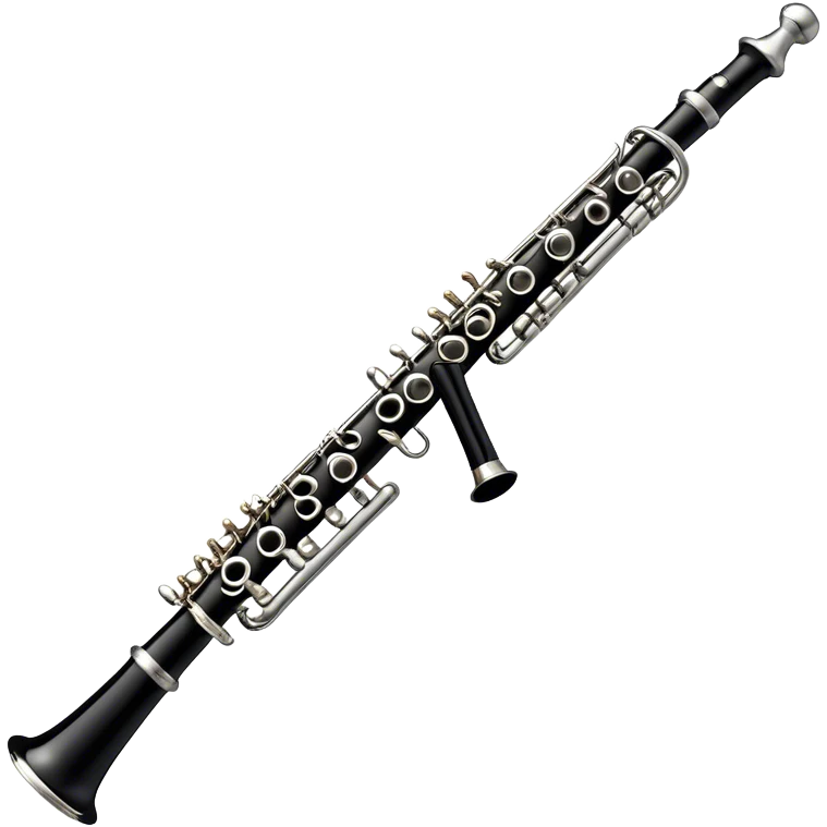 Create a sleek and professional emoji representing a black standard clarinet. The design should feature a smooth, glossy black body of the clarinet with shiny, silver keys clearly visible. Highlight the intricate details of the mouthpiece and reed at the top, while the body of the instrument should remain simple and elegant. Add subtle musical notes or soundwaves floating around the instrument to symbolize its clear, melodic sound. Use black for the body, silver for the keys, and soft lighting effects to give the instrument a polished, sophisticated look. The background should be transparent. emoji