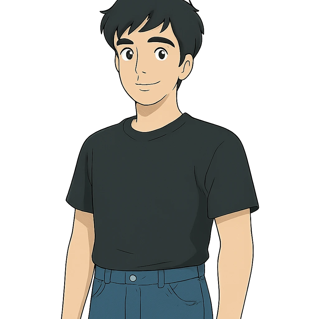 portrait of a man with black hair, jeans, black t-shirt, transparent background, ghibli style emoji