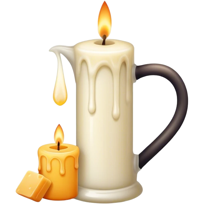 Candle making icon, candle with a wick, melting wax, wax blocks, candle mold, pouring jug, minimalistic style, clean lines, transparent background. emoji