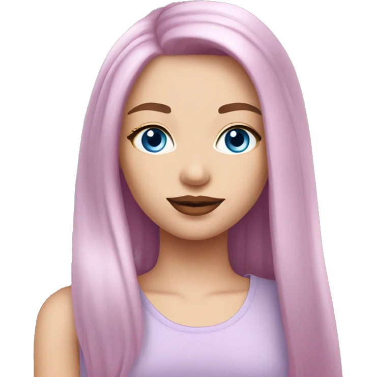a beautiful girl with fair skin, blue eyes and long straight soft pink hair, with pink lipstick. in a lilac fashionable top emoji