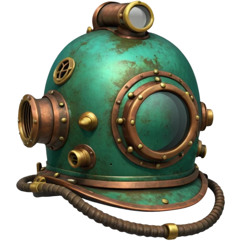 3D render of Antique Diver Helmet, heavily oxidized copper texture, verdigris patina, Bronze helmet with heavy green crust, weathered bronze aesthetic, ancient decay, emoji style, isolated on white background --v 6.0. emoji