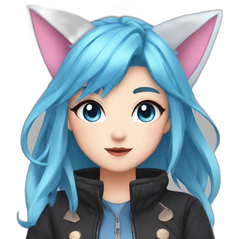 anime girl, fox ears, blue eye, blue hair, pink hair, Black jacket emoji