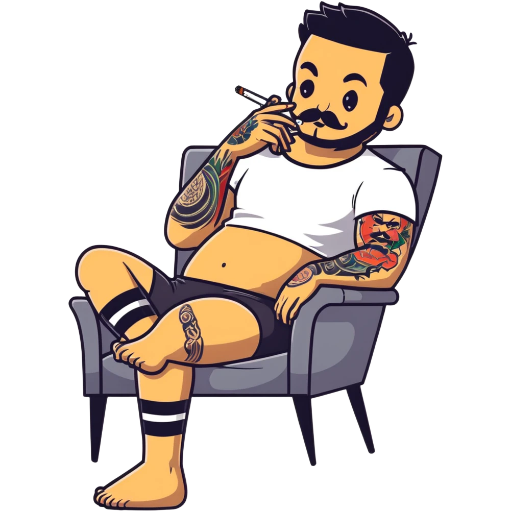 Heavy-set man leaning back in chair with legs spread showing tattooed left calf, smoking cigarette, exposed belly, round face, short black hair, well-groomed short beard with small mustache, black t-shirt with light stripes on top portion, sleeves rolled up, black shorts, arms and left calf decorated with matching black graphic tattoo patterns emoji