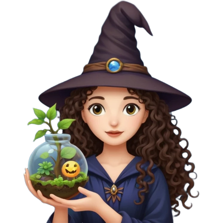 A long curly haired brunette girl with a moon, witch hat, holding a plant terrarium emoji