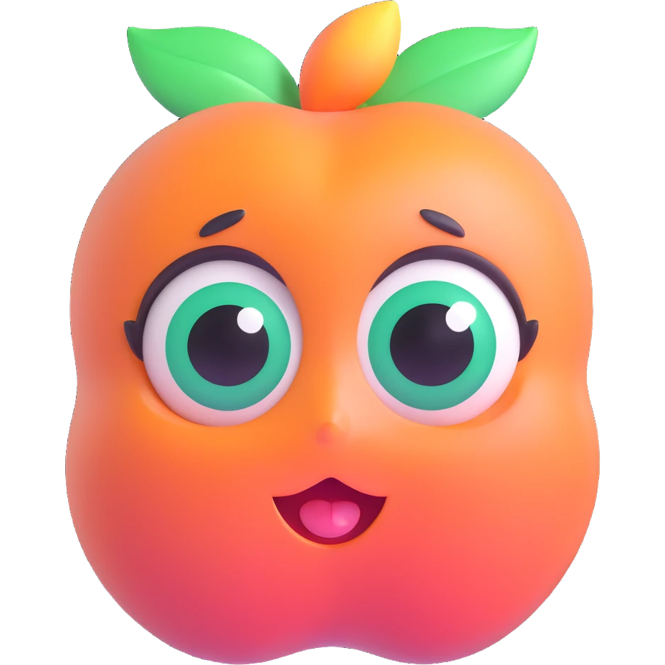 adorable emerald green peach character face, big eyes, glossy finish emoji