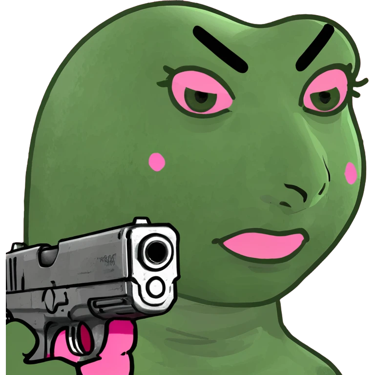 A white girl holding a pink gun with pink nails  emoji