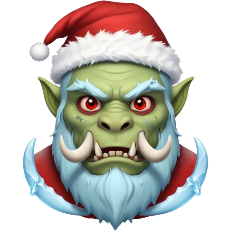 Fantasy orc emoji portrait, Santa Claus hat stretched around tusks, tusks covered with ice and crimson frost cracks, cold predator expression, winter hunt atmosphere, minimal clean emoji design, male/female variant
 emoji