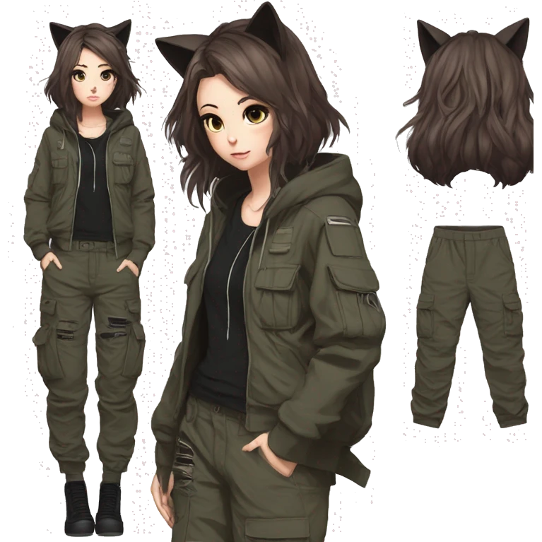 Edgy cool shy urban beautiful pretty anime punk tomboy with cat ears techwear cargo pants hoodie brown hair collar  emoji