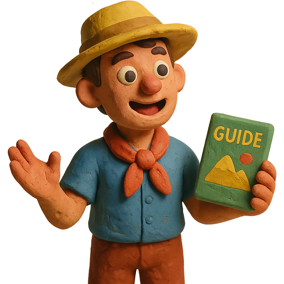 travel guide with hat, gesturing while talking, claymation style emoji
