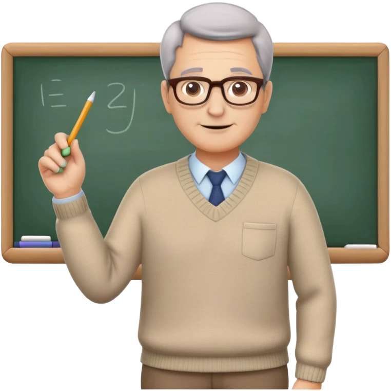 Create a simple 3D color illustration of a teacher emoji. The teacher should be shown as a friendly, middle-aged figure with glasses, wearing a smart-casual outfit like a sweater and slacks. They should be holding a chalk or marker in one hand, with a whiteboard or classroom background implied. The teacher should have a warm and welcoming expression. The emoji should maintain a neutral, educational vibe. The background should be pure white. emoji