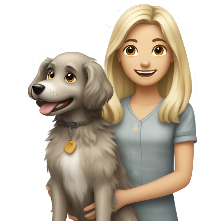 smiling girl in outdoor dress holding a scruffy dog with gray and blonde fur emoji