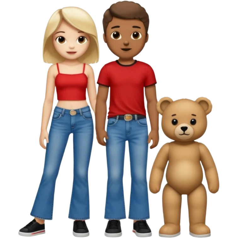 A boy and a girl teddy bear for the boy bear put on true religion shirt and jeans with black shoes and for the girl put flare jeans and a red tube top and white shoes emoji