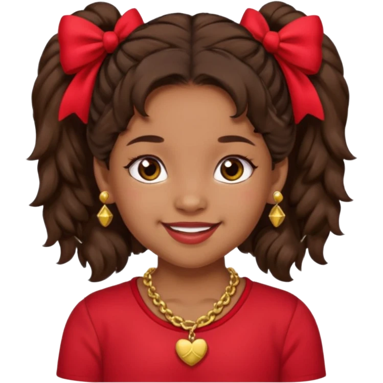 Brownskin girl dark brown hair fluffy. pigtails with red bows brown eyes smiling closed mouth red shirt gold esrrings gold necklace emoji