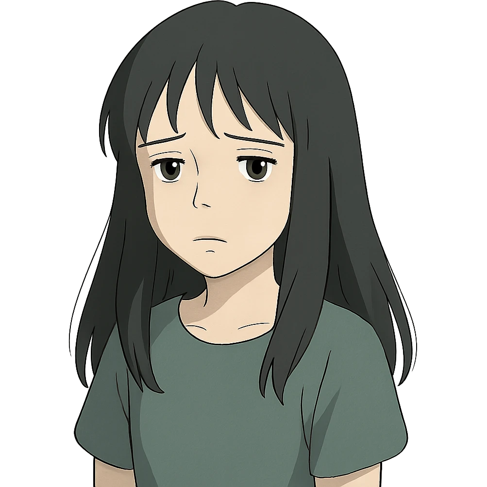 pale girl with long black hair, sad expression, in ghibli style emoji