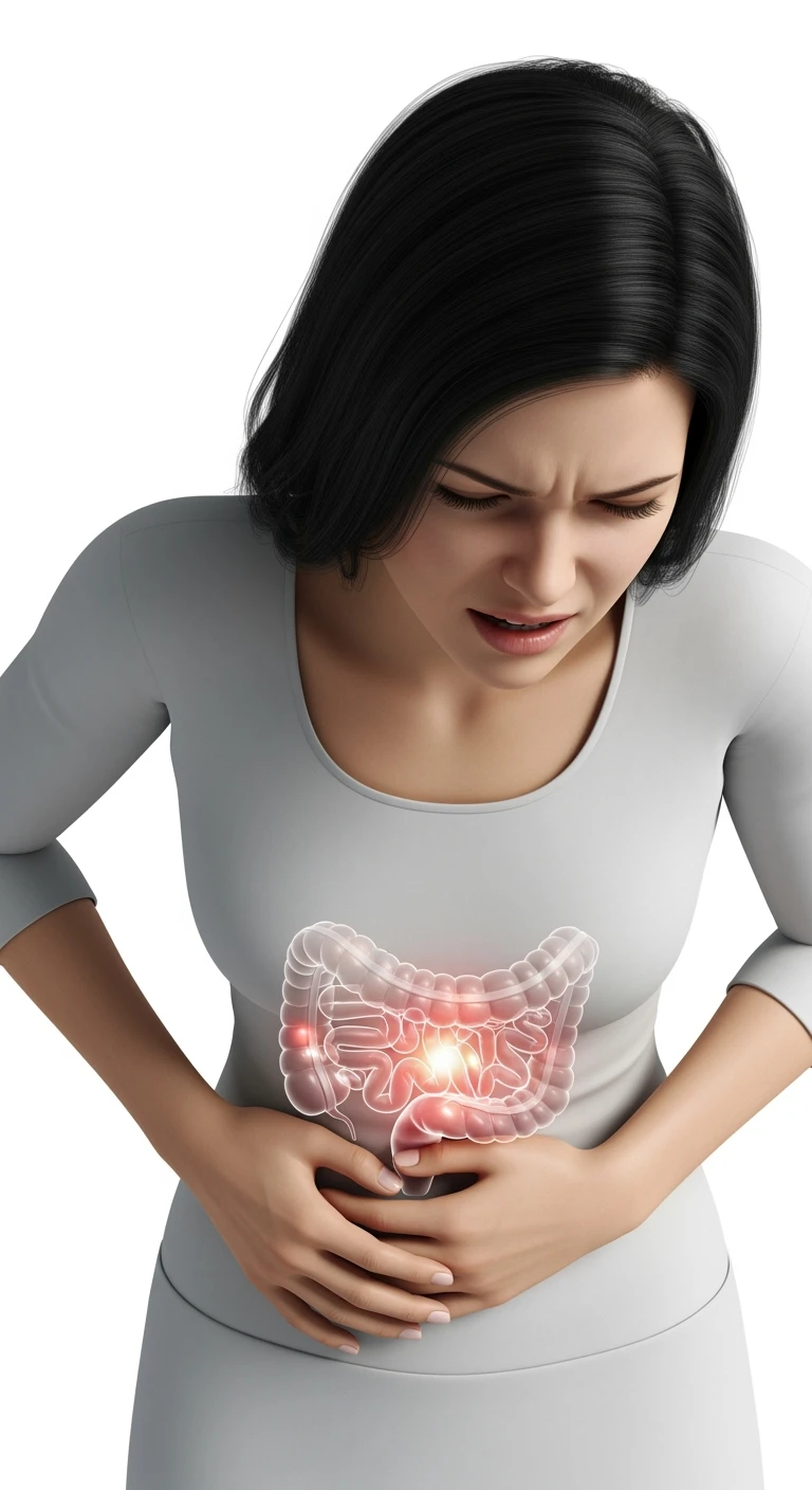DONNA CON PANCIA DOLORANTE E INTESTINO UMANO ANATOMICO VISIBILE, ISOLATO SU SFONDO BIANCO emoji