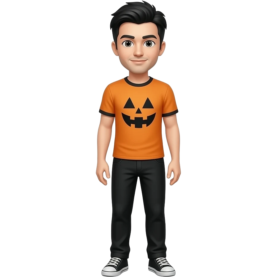una persona con camisea de hallowen i los pantalones negros i que el pelo sea de color negro i que se le vea la cara i las piernas i pies i que tenga zapatos emoji