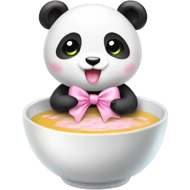 Baby panda with pink bow eating big bowl of soup emoji
