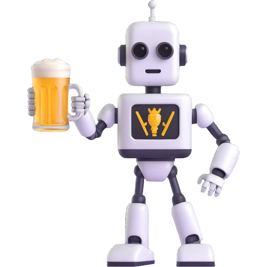 robot graphic designer cheering with a beer emoji