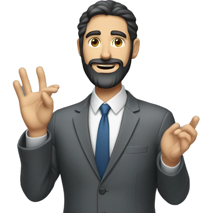 white man in a gey suit short dark beard doing hand gestures in a presenttion emoji