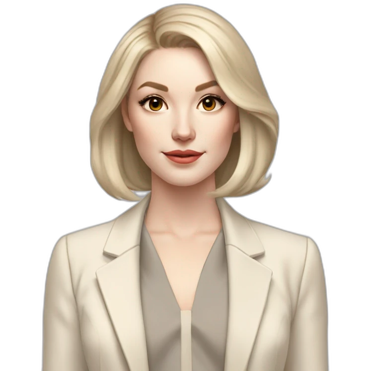 pale skin woman with ash blonde Straightened bob Hair, White Spacious classical jacket, beige palazzo Arrow pants and gray blouse holding a color palettes in the hands emoji
