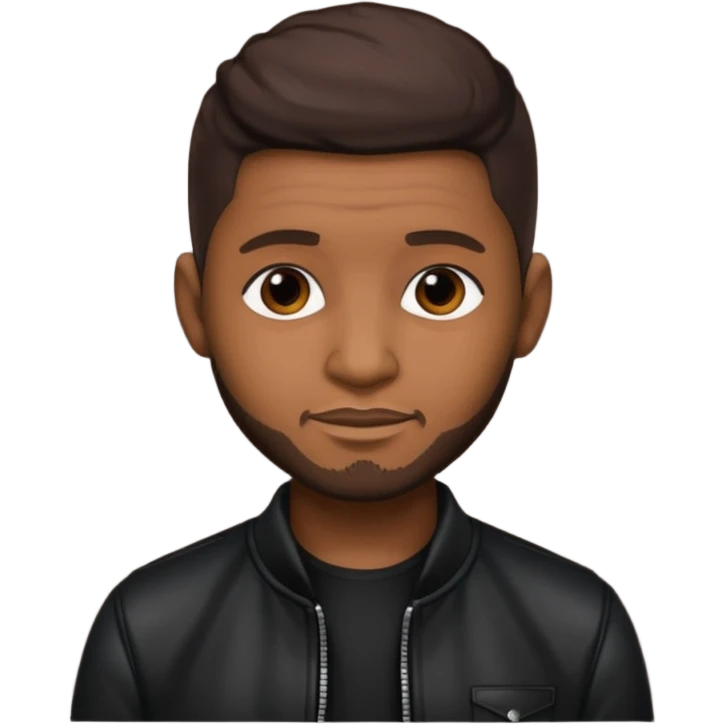 Usher with dark brown hair, vinyl black outfit emoji