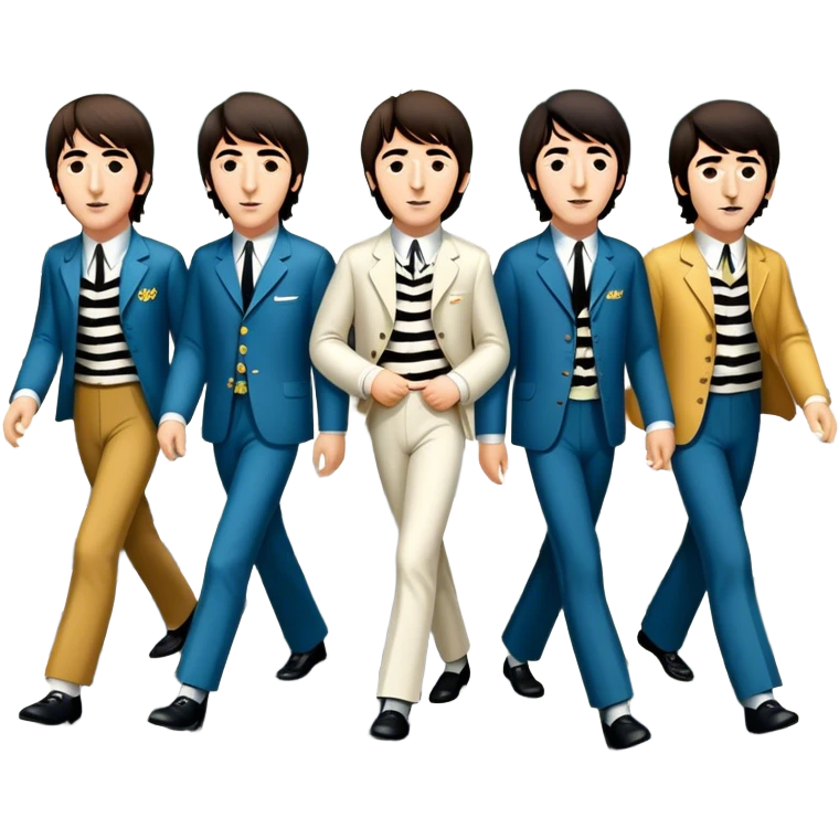 Cinematic Realistic The Beatles Abbey Road Scene Emoji, depicting the legendary band of four crossing the iconic zebra-striped street in their classic outfits, exuding effortless charisma and musical legacy. The scene is bathed in warm, nostalgic lighting with rich textures that capture the essence of 1960s rock history. emoji
