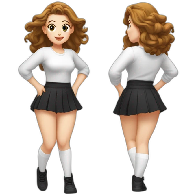 alistic-full-body-caucasian-curvy-beauty-jumping-short black-skirt-back-and-front-views-strong-wind-knickers-long-white-socks emoji