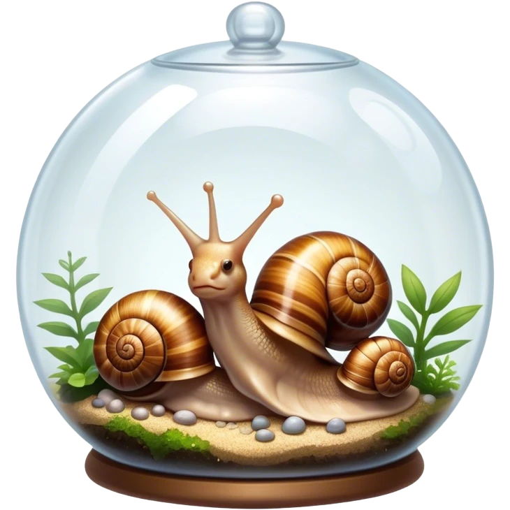 Close-up of large home snails inside a terrarium, showcasing their soft, spiral shells and glistening bodies, with a gentle light highlighting their details. Transparent background. emoji