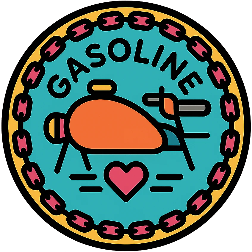 circular motorcycle gas cap design, transparent background, text 'GASOLINE', motif: chain, motorcycle, heart, friendly style emoji