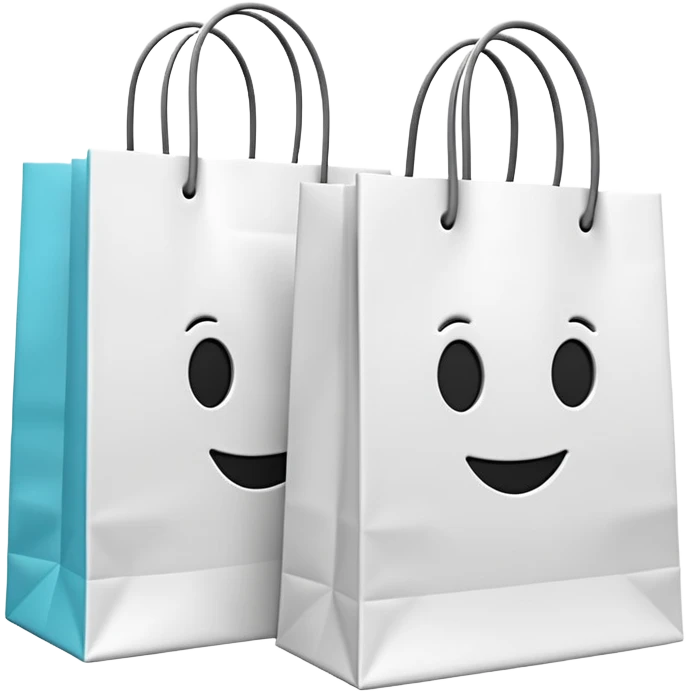 A 3D emoji of two white paper shopping bags, one large and one small, standing next to each other. Soft studio lighting, smooth 3D rendering, claymorphism style, minimalist design, cute, high resolution, isolated on a white background. emoji
