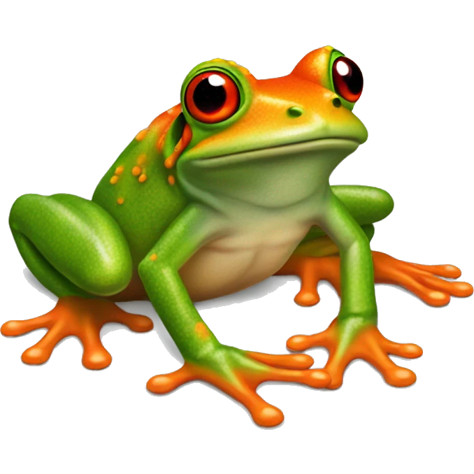 Redeyedtrefrog, red eyes, bright green body,orange feet more realistic to the real frog emoji