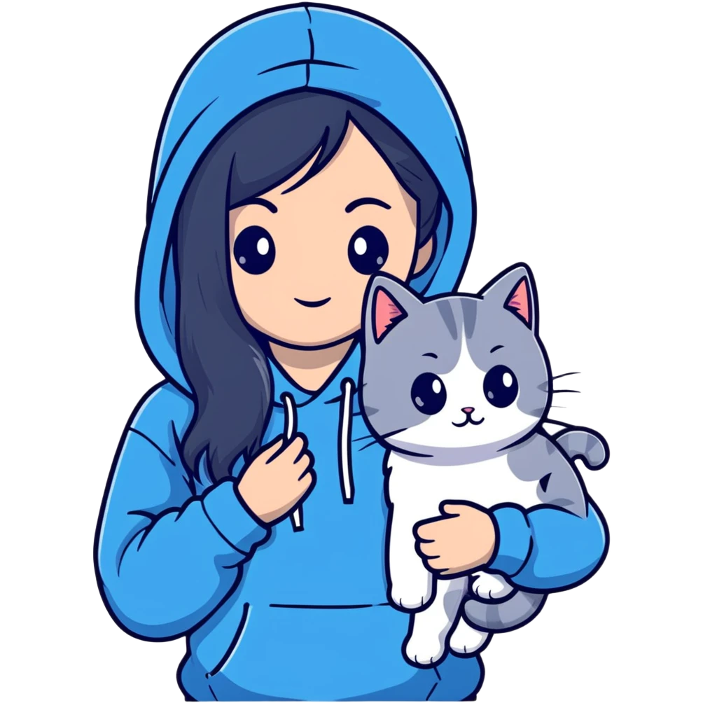 Girl with black hair wearing gray hoodie with a British shorthair blue and white cat and a long-haired blue and white cat emoji