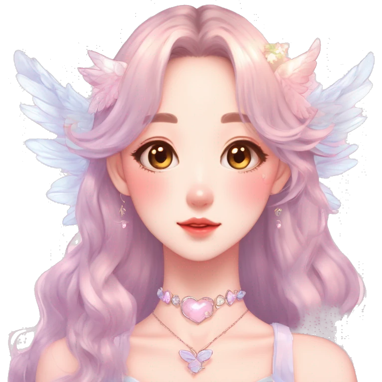 Gorgeous pastel anime style lady with blushing face and angel wings necklace cottagecore fairycore pastelcore colorful pearly romantic simplistic aesthetic trending style emoji