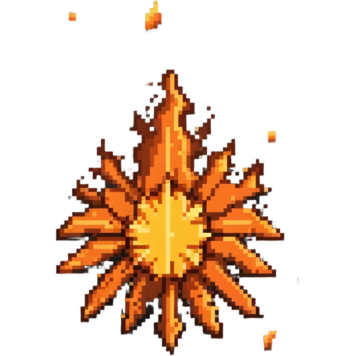 Industrial metal wall explosion tile, slate colored (#334155) metal fragments and debris flying from center, bright orange and yellow flames, metallic sheen on fragments, rivets visible on some pieces, pixel art style emoji