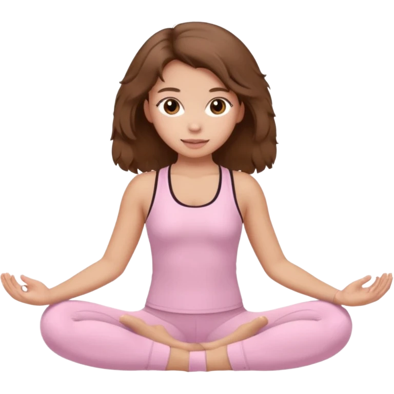 brown hair girl wearing light pink pilates clothes, fluffy medium hair and brown eyes emoji