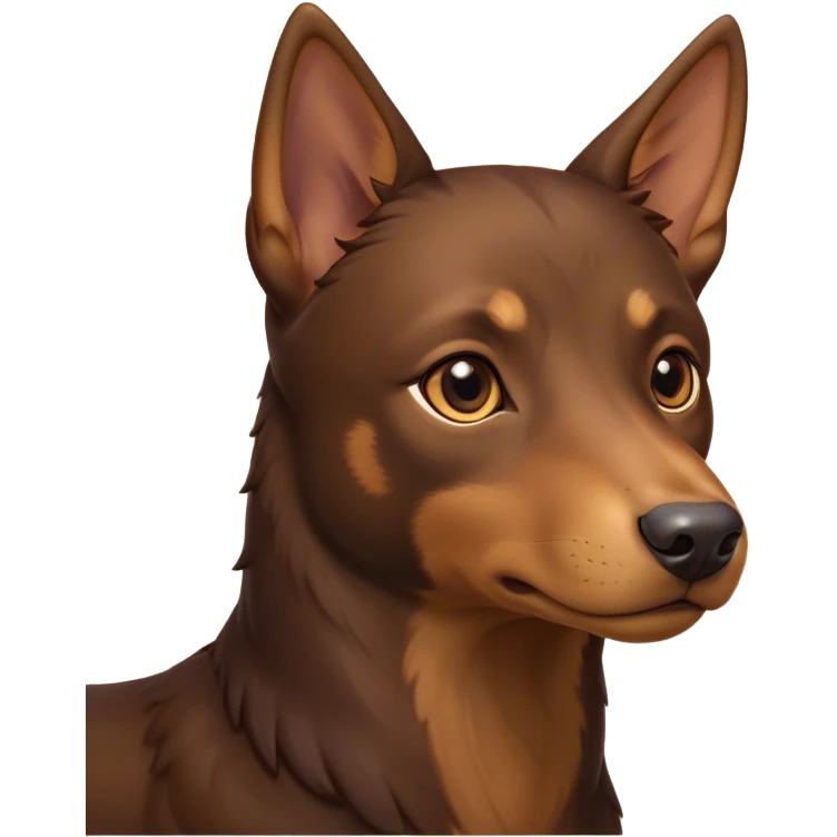Cinematic Noble Brown and Tan Kelpie Portrait Emoji, Poised and regal, with a strong, agile build and a rich, well-groomed Fur of warm brown and tan, piercing warm eyes, Simplified yet sharp and sophisticated features, highly detailed, glowing with a soft, dignified glow, high shine, intelligent and energetic, stylized with an air of determination, focused and attentive, soft glowing outline, capturing the essence of a watchful and confident herder, so majestic it feels as though it could bound out of the screen with effortless authority! emoji