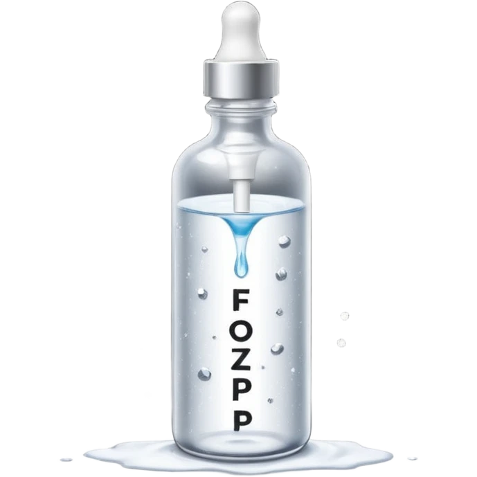 Slim clear dropper bottle with white cap and minimal black text label. Floating above a silver ripple, with icy shimmer rings pulsing outward. Surrounded by tiny frozen sparkles and wrinkle-smoothing energy beams. Looks like a precision anti-aging serum potion — sharp, cold, and potent. emoji