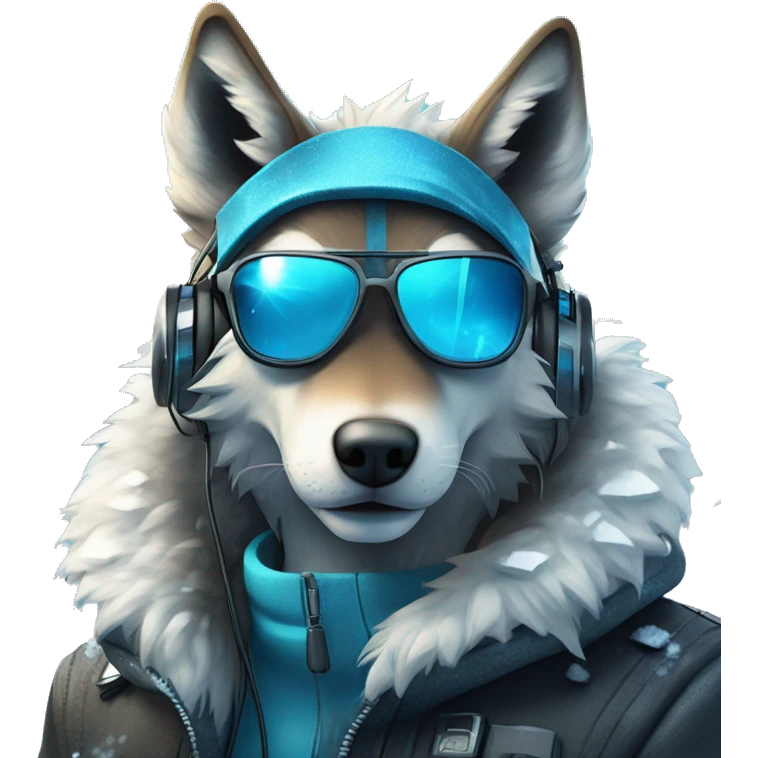 A beautiful cyberpunk Wolf on blue ice and snow around wearing sunglass and headphones emoji