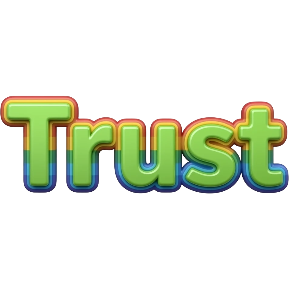 name "Trust" in green, 3D style typography lettering, each color of the rainbow as a border outlined around each letter, isolated, 3d rendering, no emoji icons no emoji faces and must have no human figures emoji
