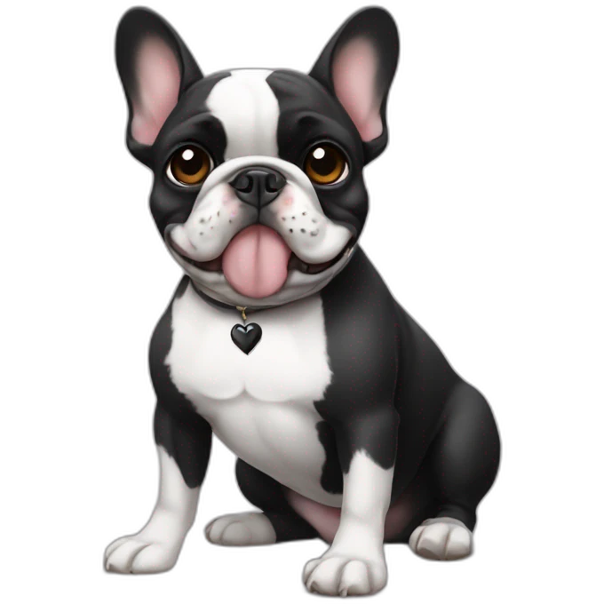 A french bulldog with black and white colors, one eye black, like a pirate, sitting on the ground, making a heart emoji emoji
