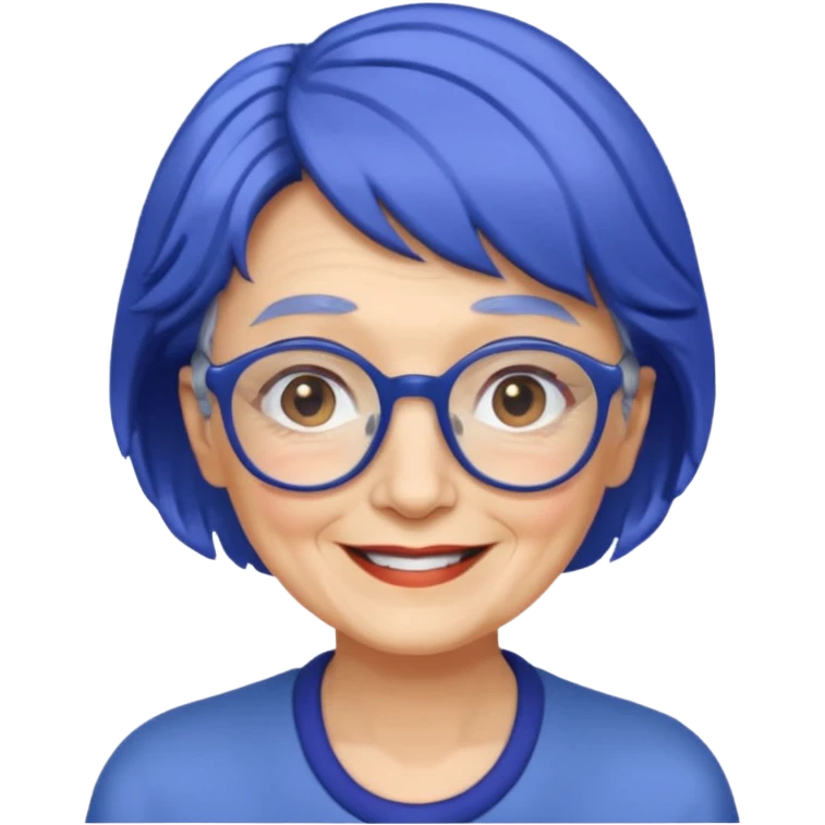 old lady with cobalt hair, wearing glasses, slight curl short hair, long face emoji