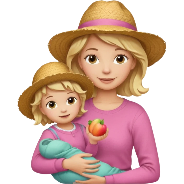 A cheerful wavy short blond hair mom in a straw hat carrying her child, wearing a pink sweater emoji